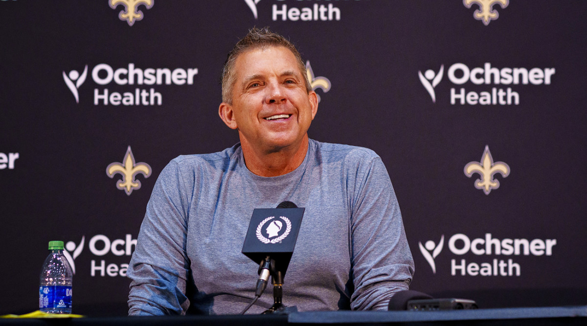 Saints coach Sean Payton speaks during a press conference.